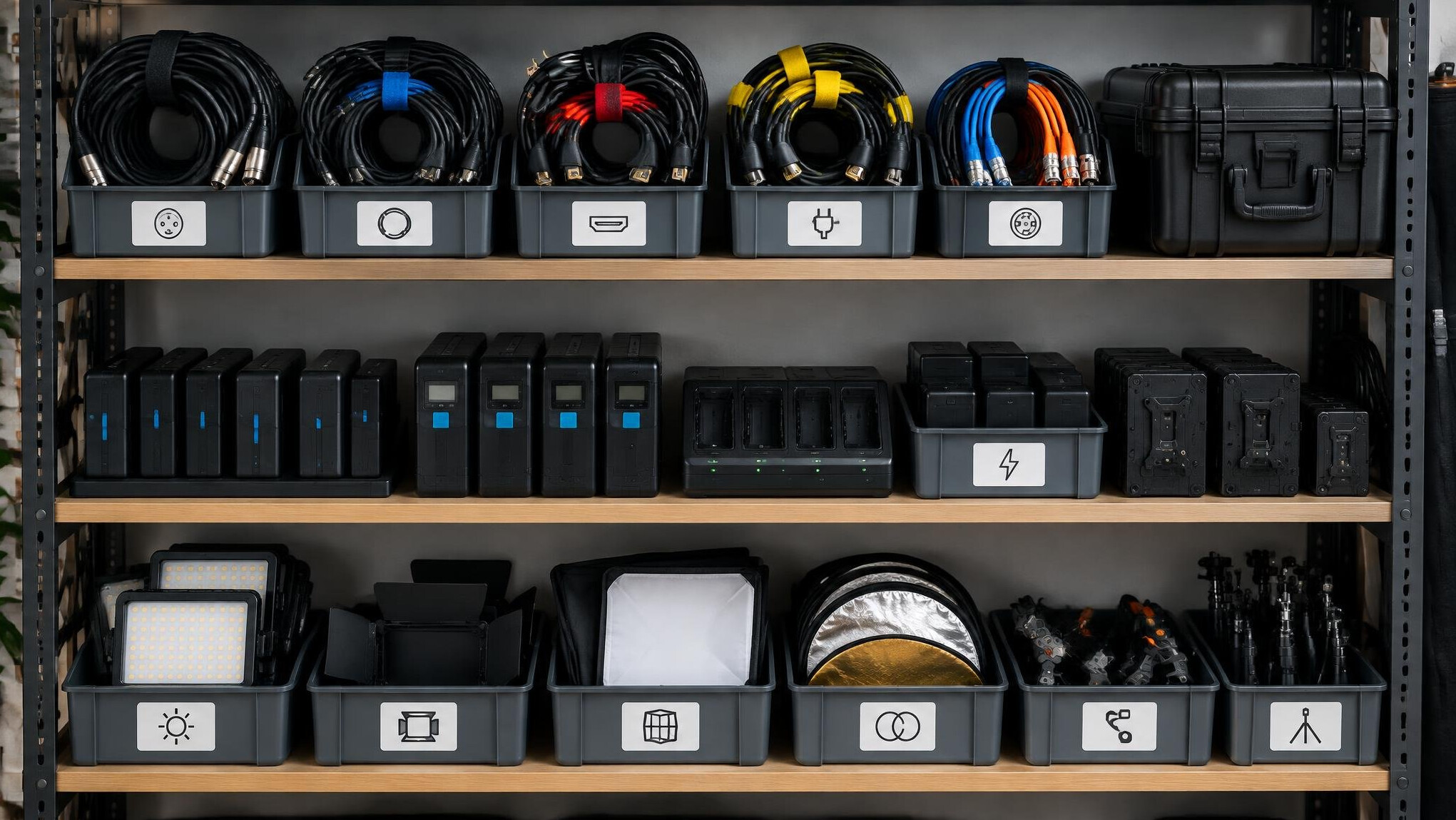 Organized production cables and video equipment on a shelf
