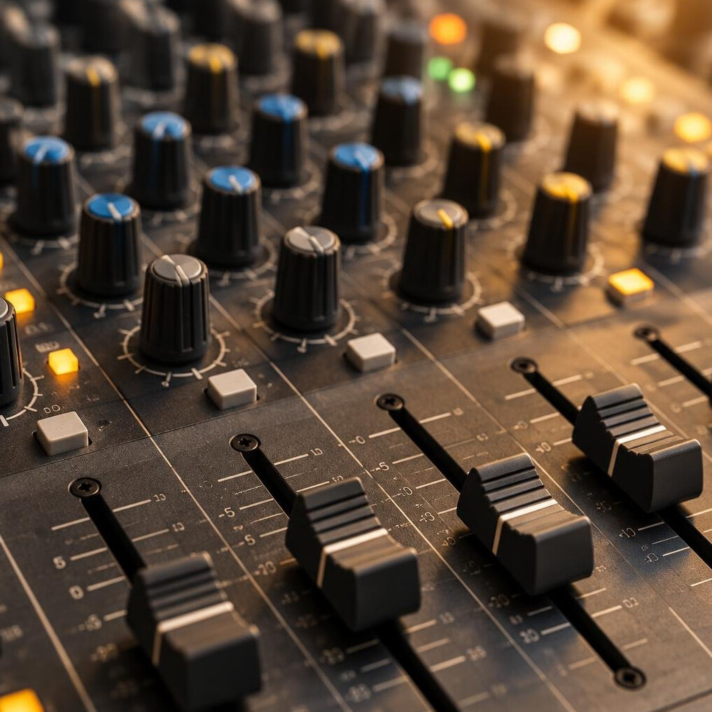 Close-up of audio mixer knobs and faders