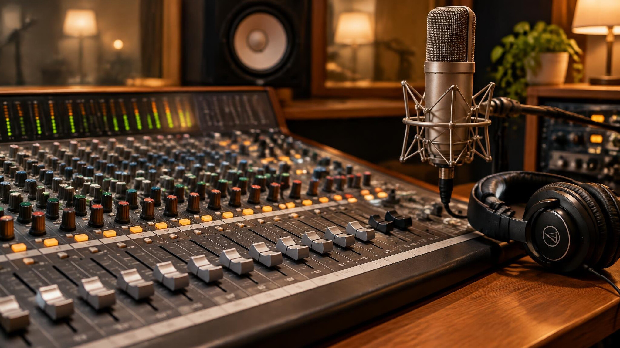 Audio mixing console with microphone and headphones in studio