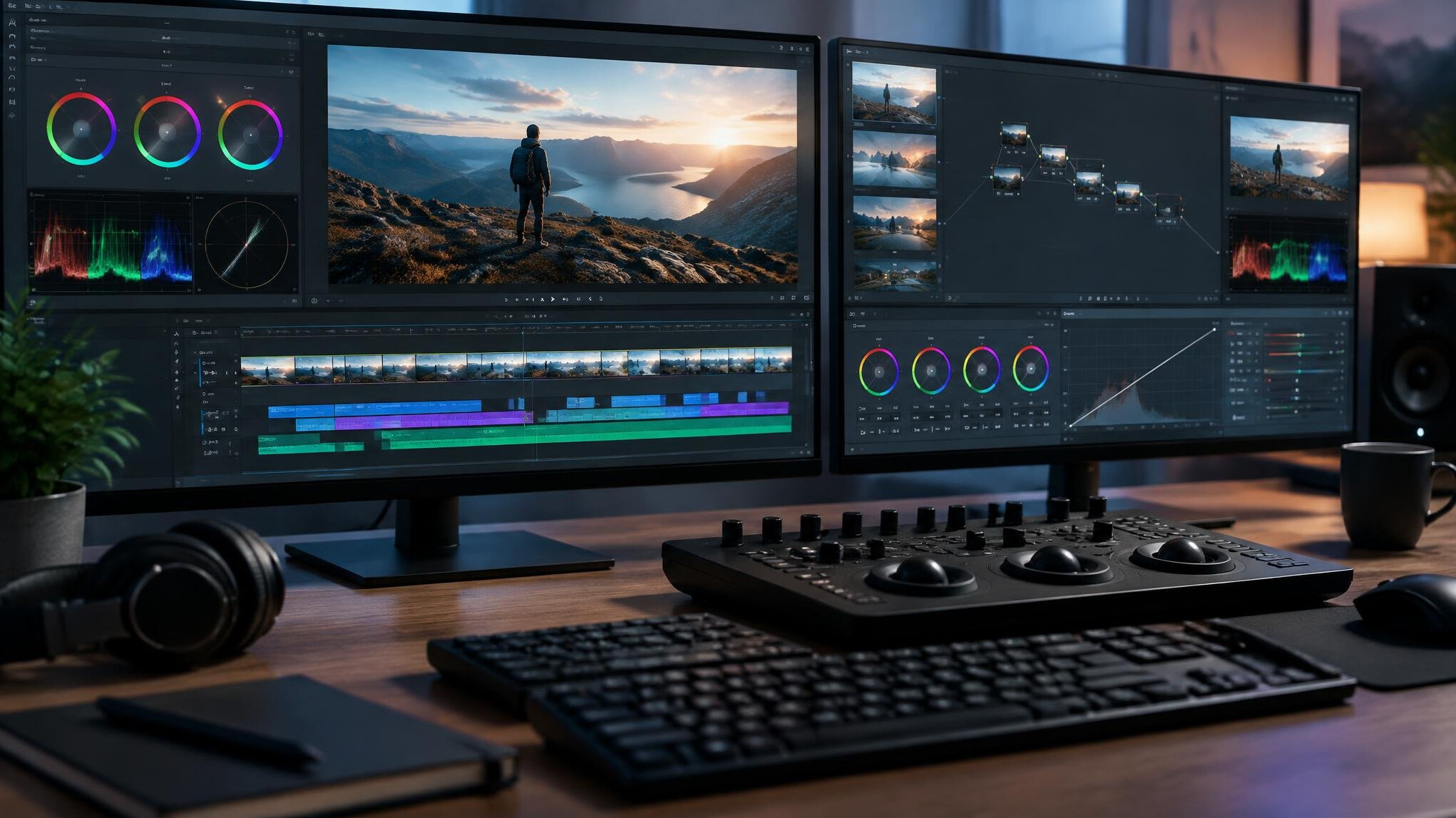 Person editing video footage on dual monitor setup