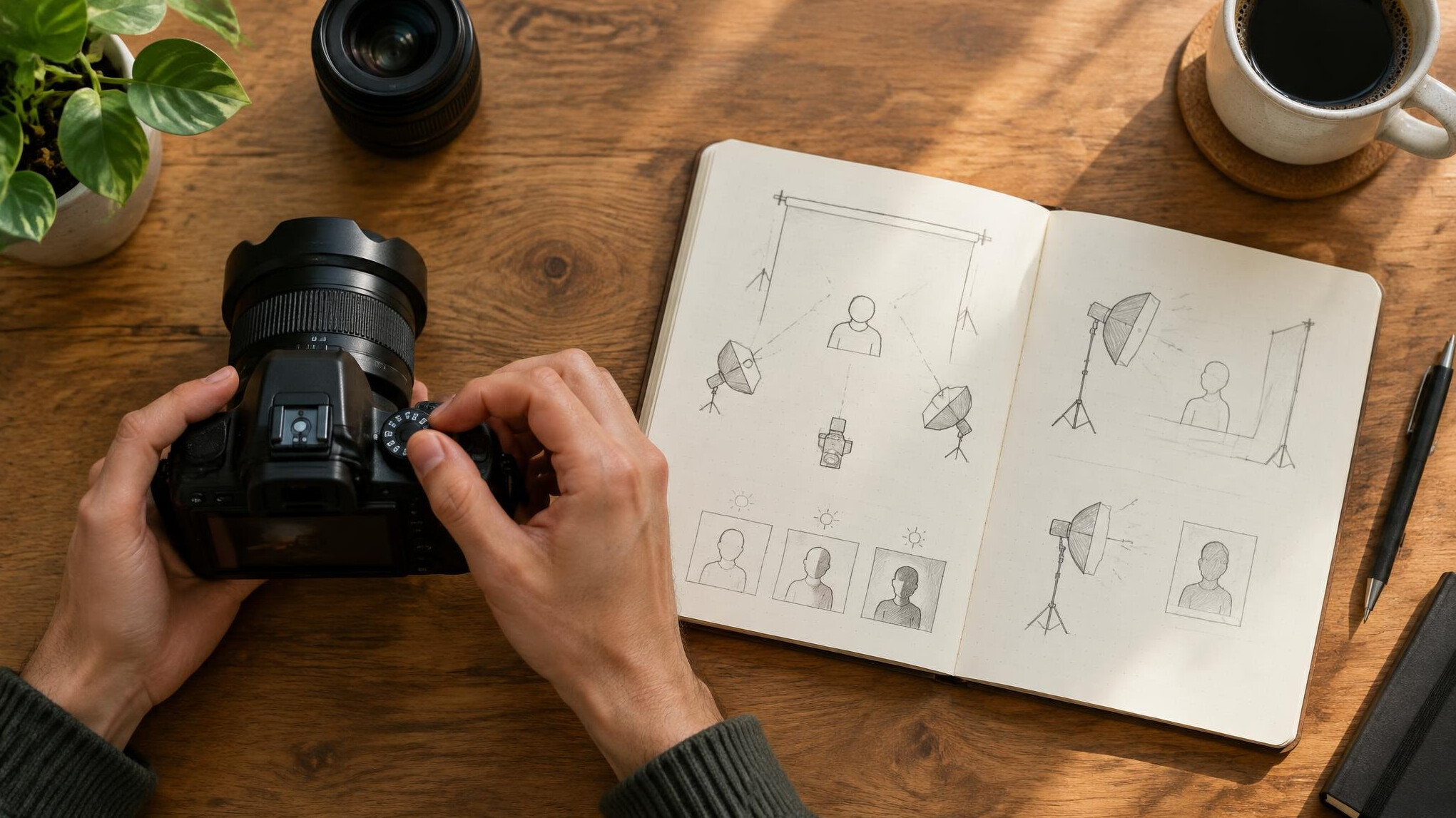 Overhead view of hands adjusting camera settings next to a notebook with lighting sketches
