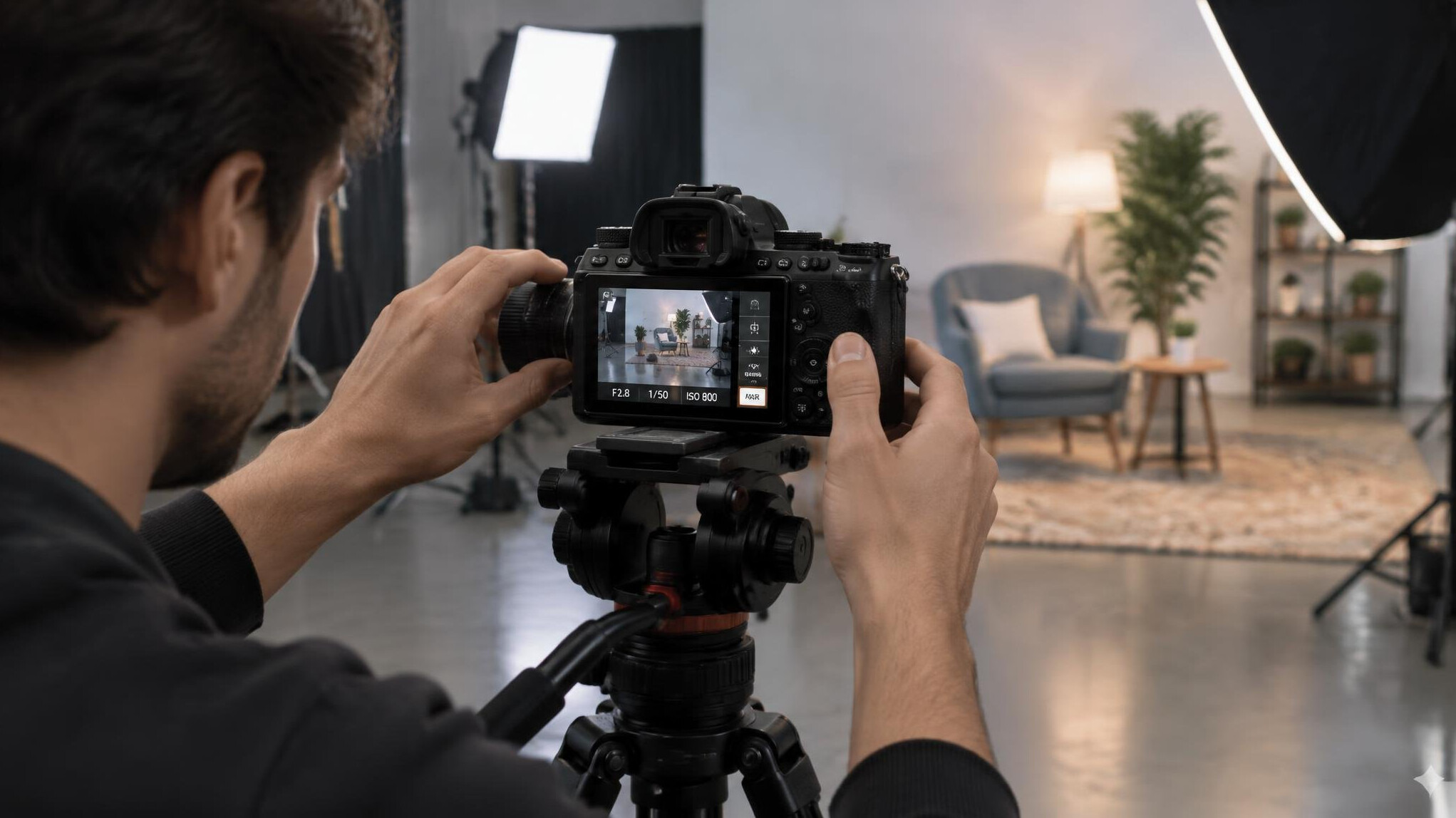 Person setting camera focus and white balance on a tripod camera