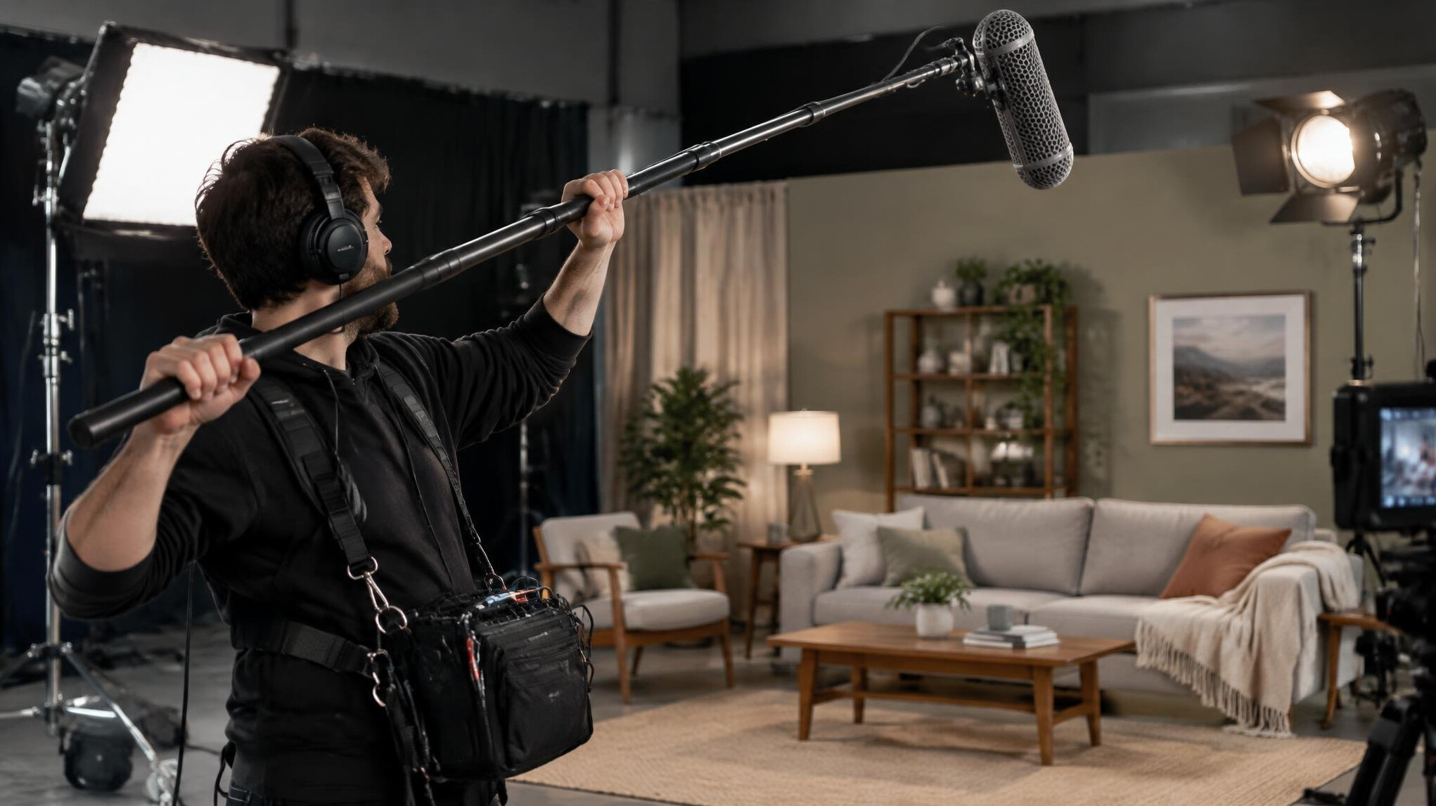 Person setting up a boom microphone on a video set