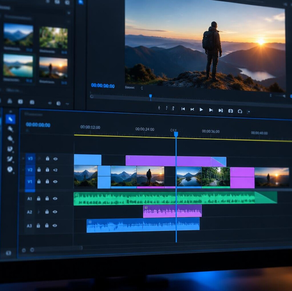 Video editing timeline displayed on a monitor screen