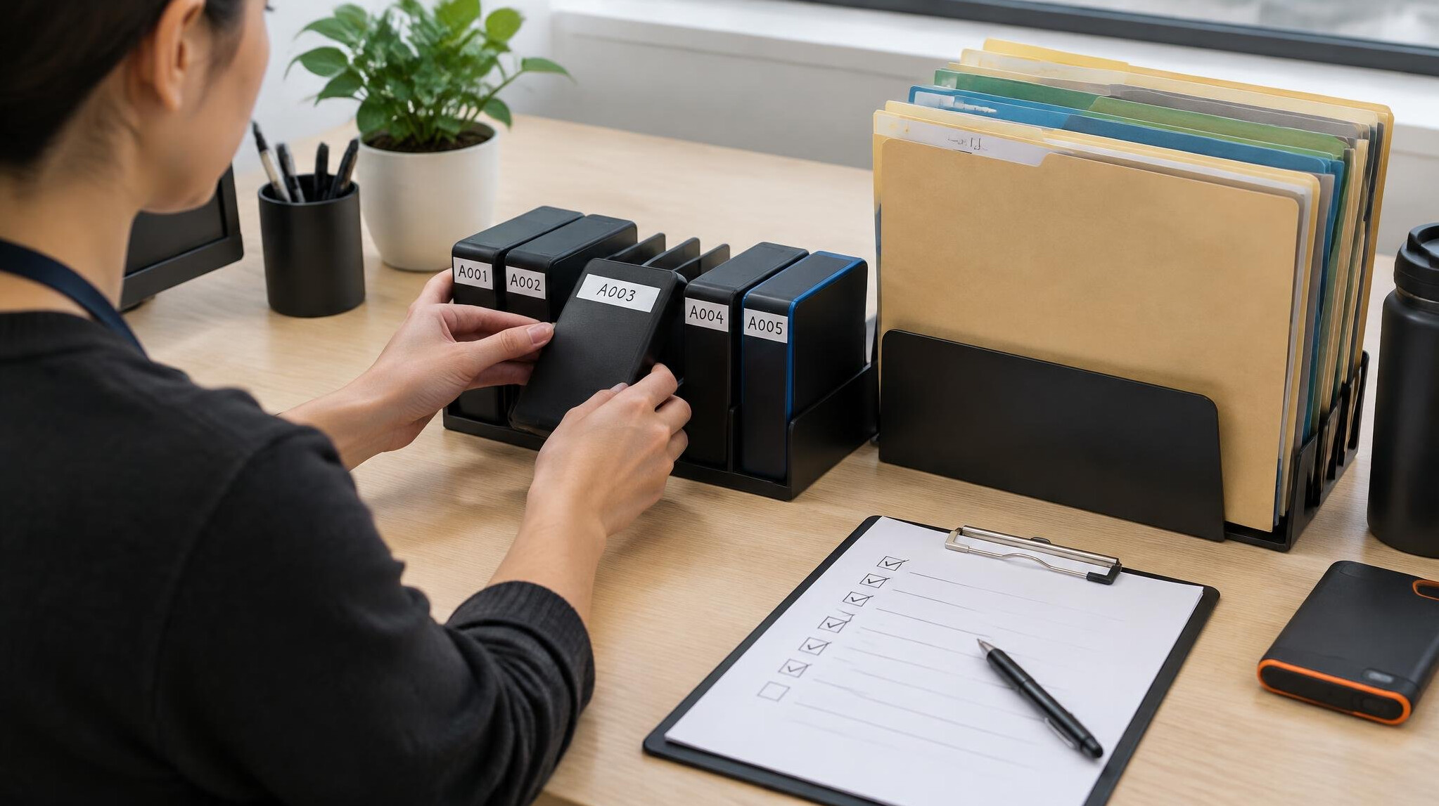 Person organizing labeled file folders and hard drives on a desk