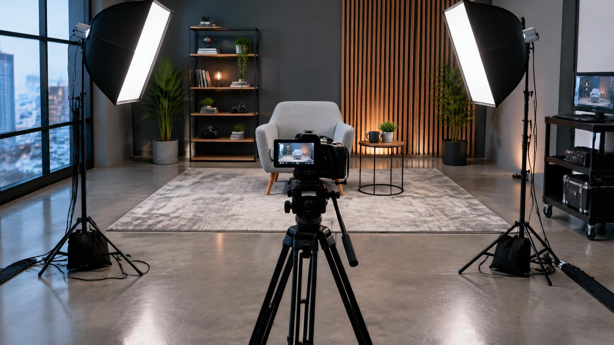 Video production studio with softbox lighting rig and camera on tripod