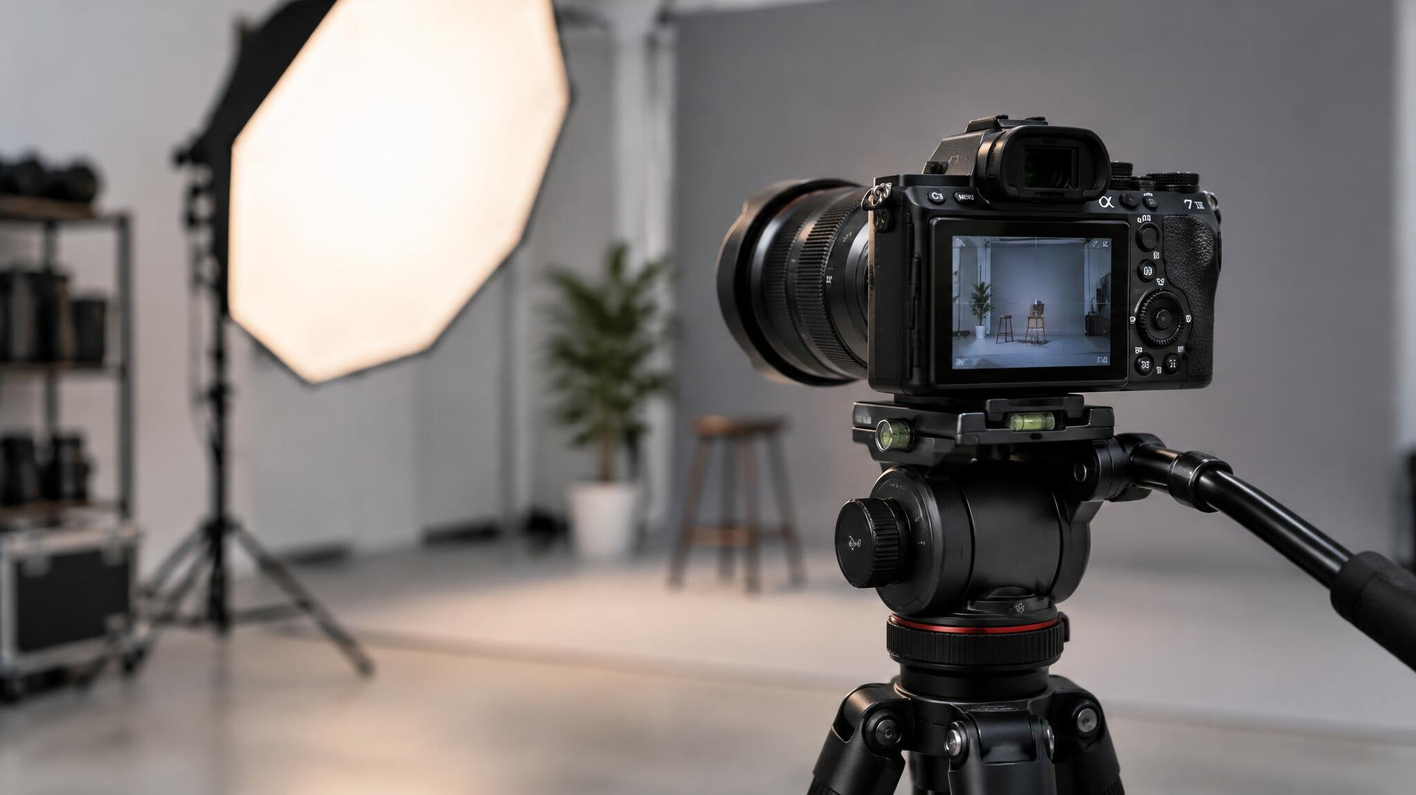 Professional camera on tripod with softbox light in background