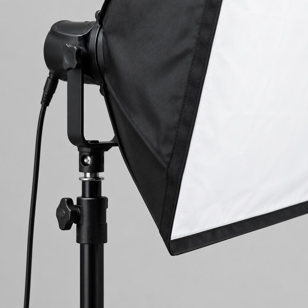 Close-up of a studio light stand with softbox