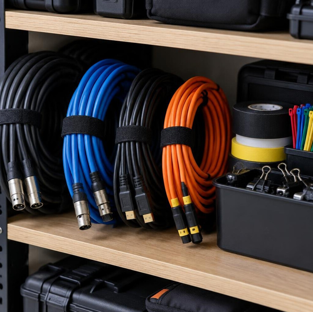 Neatly organized cables and production gear on a shelf